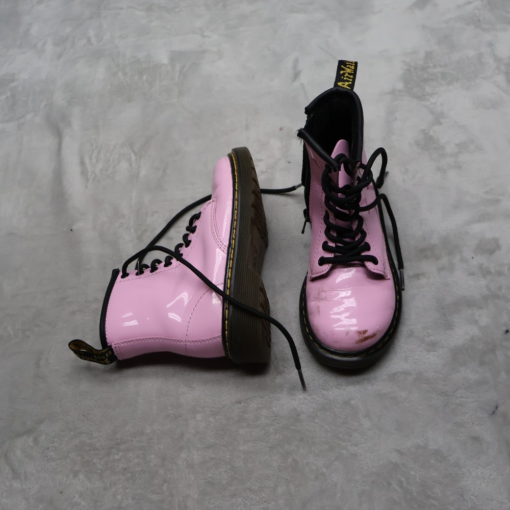 Dr Martens Youth 12 Boots Pink Patent Leather Lace Up Classic Combat 1460 J
